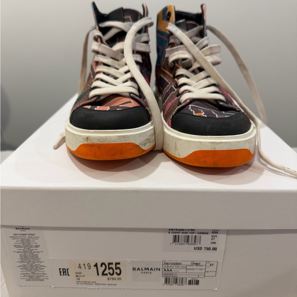 Balmain Multicolor High-Top Sneakers with Orange Soles